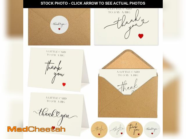 Lot 74-14376700 - 100 Bulk Thank You Cards with Kraft Envelopes and Stickers - 4 Minimalistic Designs Blank Thank You ...