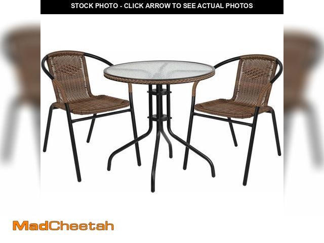 Lot 74-12632292 - Flash Furniture Lila 28'' Round Glass Metal Table with Dark Brown Rattan Edging and 2 Dark Brown Rat...