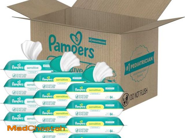 Lot 74-12137935 - (MISSING ONE )Pampers Sensitive Baby Wipes, Water Based, Hypoallergenic and Unscented, 8 Flip-Top Pa...