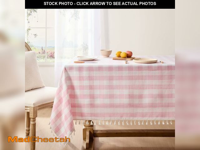Lot 74-13954493 - Softalker Pink Gingham Tablecloth Square, Outdoor Linen Cotton Checkered Table Cloth with Tassel, He...