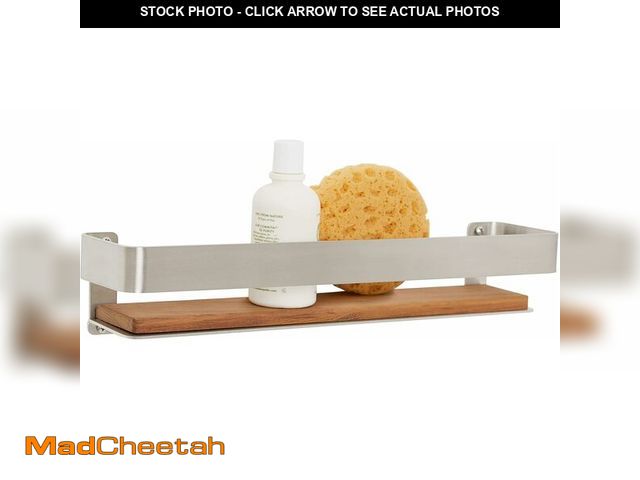 Lot 74-12828153 - Seachrome Rectangular Shower Shelf with Rail in a Satin Finish and Natural Teak Wood Insert - UNUSED
