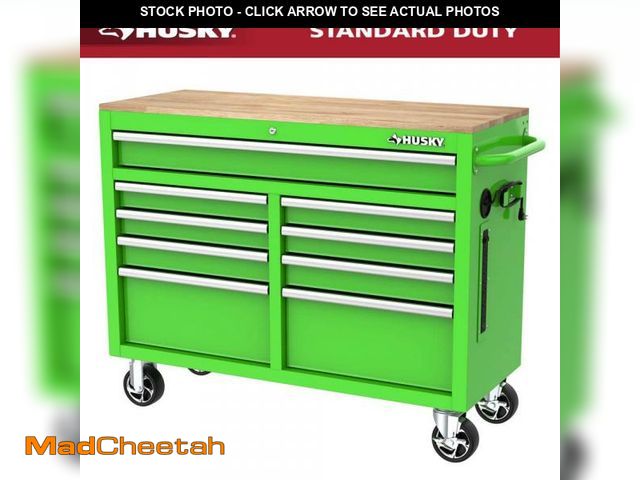 Lot 74-12463736 - Husky 46 in. W x 18 in. D 9-Drawer Gloss Green Mobile Workbench Cabinet with Solid Wood Top - UNUSED