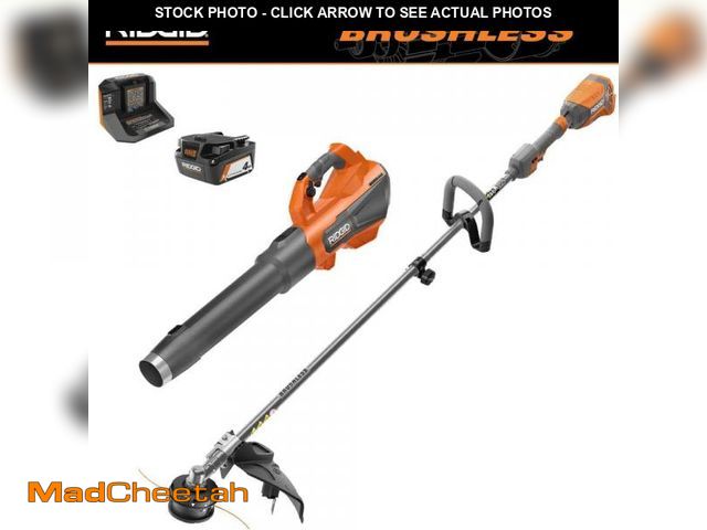 Lot 74-12173179 - RIDGID 18V Brushless 14 in. Cordless Battery String Trimmer and Leaf Blower 2-Tool Combo Kit with 4....