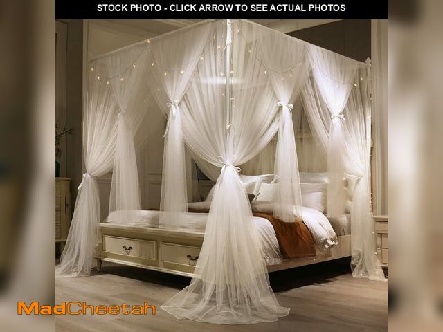 Lot 74-14303562 - VETHIN 4 Corners Post Princess Bed Canopy Curtain Double Layer Cozy Drape Netting 4 Opening Mosquito...