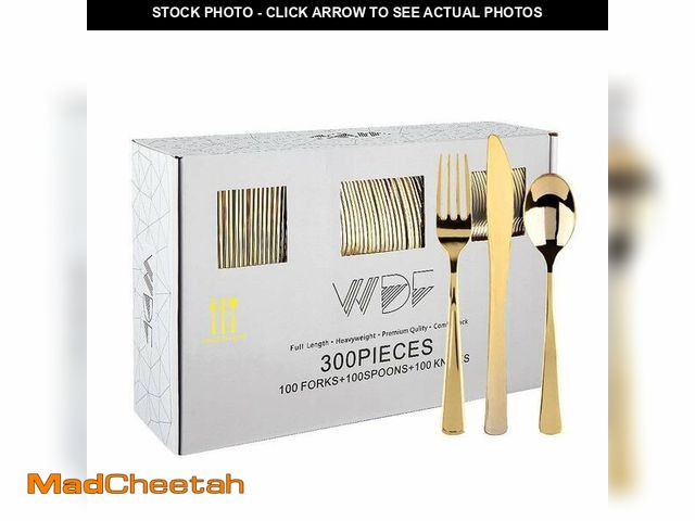 Lot 74-14274050 - WDF300 Pieces Gold Plastic Silverware - Heavy Duty Disposable Cutlery Set Plastic Gold Silverware Se...