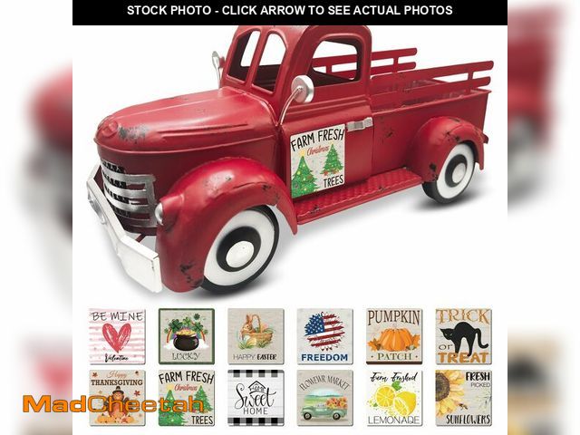 Lot 74-12602645 - Fall Decor 13.4 Inch Vintage Farmhouse Red Truck with 12 Magnets Rustic Fall Decorations for Home Ki...