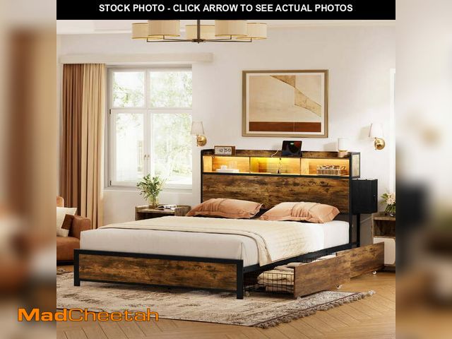 Lot 74-12937973 - GUNAITO Queen Bed Frame with Storage Headboard, 2 Drawers Platform LED Bed Frame with USB Ports &amp...