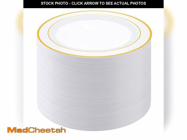 Lot 74-14384301 - PULOTE 100PCS Gold Plastic Plates - 10 Inch White with Gold Trim Plastic Dinner Plates Disposable fo...