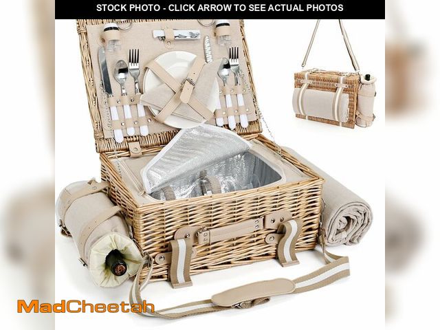 Lot 74-14143329 - 19Pcs Picnic Basket for 2 with Insulated Liner and Waterproof Picnic Blanket Wine Pouch, Large Wicke...