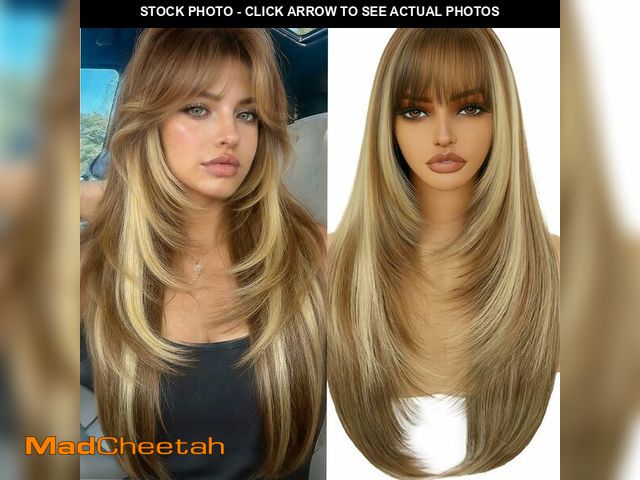 Lot 74-14210401 - KINCYDU Long Ombre Blonde Straight Layered Wig with Bangs 26 inch Synthetic Heat Resistant Fiber Hai...
