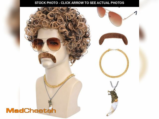 Lot 74-14265127 - Bettecos 6pcs Set 70s 80s Disco wig with Mustache Glasses Artificial Wolf Necklace Golden Chain Shor...