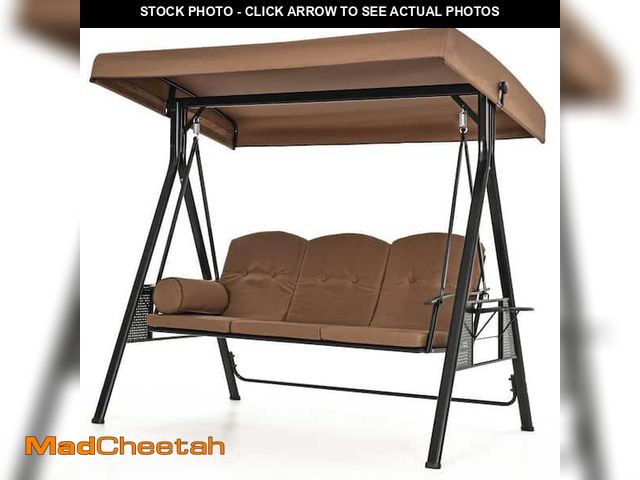 Lot 74-12430114 - PamaPic 3-Person Brown Metal Patio Swing with Canopy and Cushions - UNUSED
