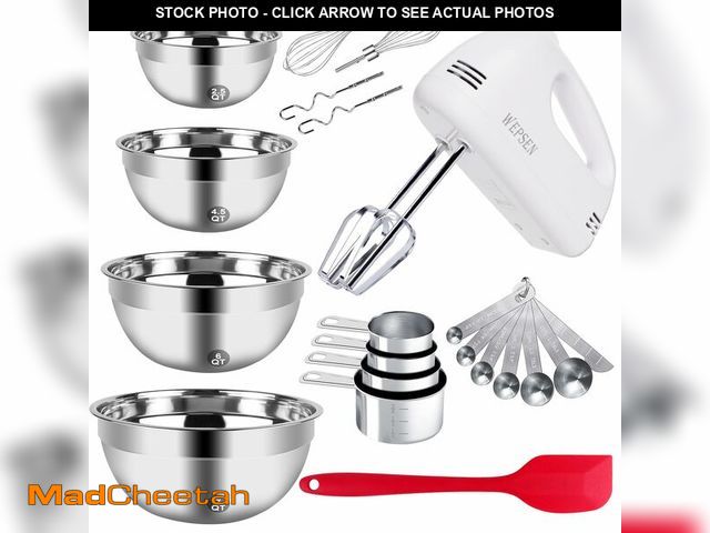 Lot 74-13621383 - 5-Speed Electric Hand Mixer, 4 Large Mixing Bowls Set, Handheld Mixers with Whisks Beater, Stainless...