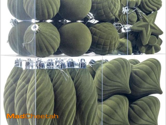 Lot 74-12322778 - 48Pcs Green Velvet Christmas Ornaments Set, Assorted Flocked Christmas Baubles Decorations, Shatterp...