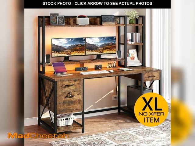 Lot 74-12694363 - DWVO Computer Desk with Drawers &amp; Hutch, 59.1" Office Desk with Power Outlets &amp; LED Lights, ...