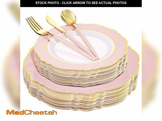 Lot 74-14054473 - WDF 30Guest Pink Plates Disposable - Hign-end Baroque Design - Gold Plastic Silverware with Handle-B...