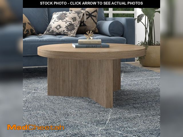 Lot 74-14468171 - Meyer&amp;Cross Holm 32 in. Antiqued Gray Oak Round MDF Top Coffee Table CT2095 - UNUSED