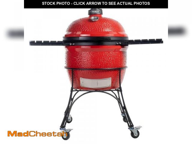 Lot 74-12251454 - Kamado Joe Big Joe I 24 in. Charcoal Grill in Red with Cart, Side Shelves, Grate Gripper, and Ash To...