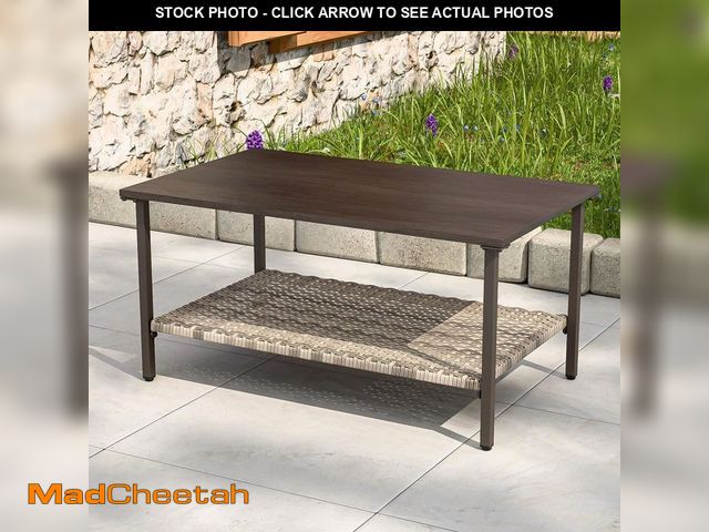Lot 74-14467707 - COOS BAY Patio Outdoor Wood Grain Top Steel Rectangular Coffee Table with Wicker Shelf CB-FNY-B-Y - ...