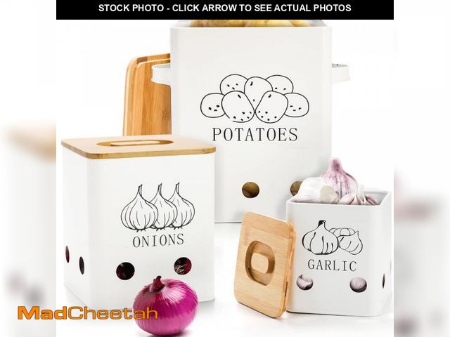 Lot 74-12123313 - WUWEOT 3 Pack Vegetable Storage Tins, Metal Onion Garlic Potato Jars Set, Kitchen Canisters Vegetabl...