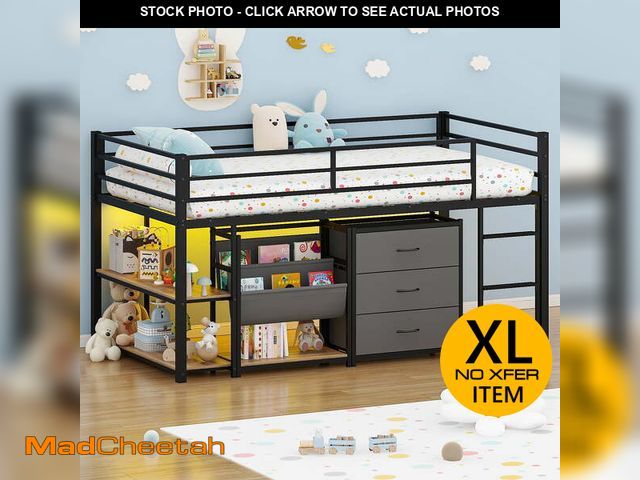 Lot 74-14308503 - Zimtown Twin Size Low Loft Bed with Storage Drawer and Shelf, Floor Bunk Bed Frame with LED Light, B...