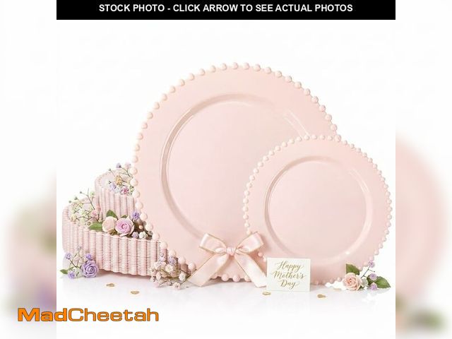 Lot 74-13955508 - U-QE 60PCS Pink Plastic Plates - Heavy Duty Beaded Pink Disposable Plates for Mothers Day, Party, Ba...