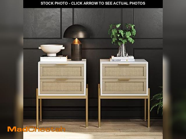 Lot 74-12138196 - Andrew End, Bedside or Side Table in Matte White Finish with Two Natural Rattan Drawers Doors for St...