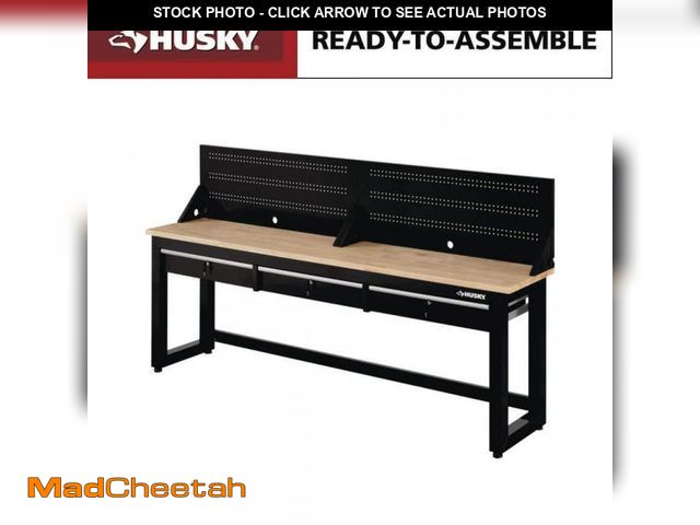 Lot 74-12364317 - Husky Ready-To-Assemble 96 in. W x 20 in. 3-Drawer Black Workbench with Solid Wood Top and Pegboard ...