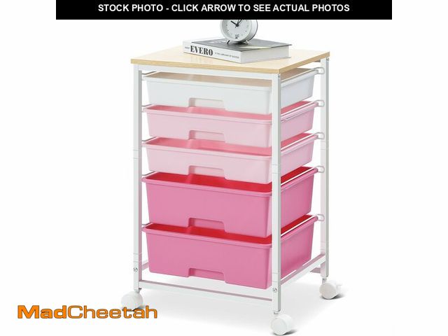 Lot 74-13720233 - SYKIARIOL Utility Cart with 5 Drawers,Storage Drawer Cart with Wooden Tabletop and Lockable Wheels,C...