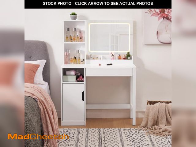 Lot 74-12423694 - Mainstays Get Ready with Me GRWM Vanity Table with Lighted Mirror and Storage, White Finish - UNUSED