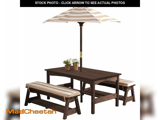 Lot 74-14203073 - KidKraft Outdoor Wooden Table &amp; Bench Set with Cushions and Umbrella, Kids Backyard Furniture, E...