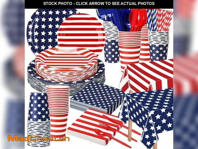 Lot 74-14147593 - Funnymoom 436 Pcs Patriotic American Flag Party Decorations Tablecloth Plate Napkin Cup Cutlery Stra...