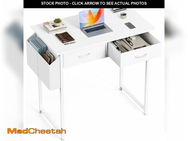 Lot 74-12760393 - OLIXIS 32 Inch Small Desk with Drawers, Home Office Computer Desk with Storage Bag and Headphone Hoo...