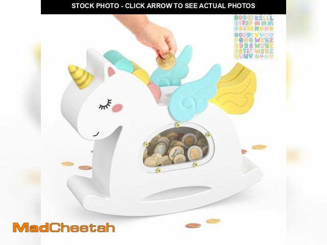 Lot 74-13630464 - Summidate Unicorn Piggy Bank for Kids Girls,Wooden Rocking Money Banks for Toddlers,Unbreakable Wood...