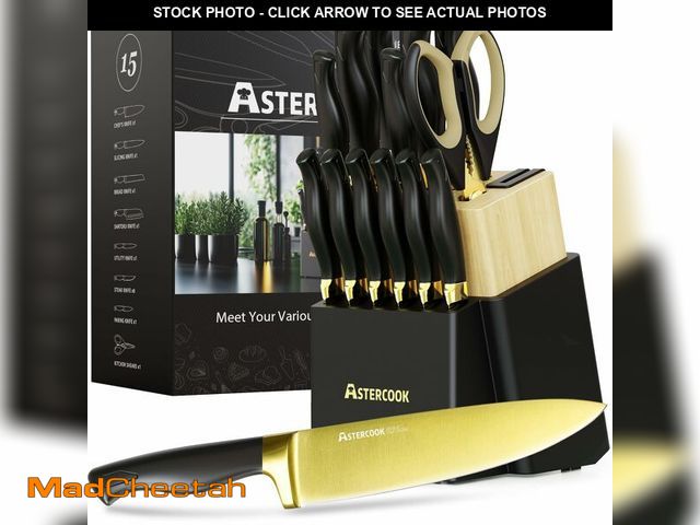 Lot 74-12838598 - Astercook 15 Pieces Knife Set, Healthy Gold Titanium Coating Kitchen Knife Sets, Full Tang Knives Se...