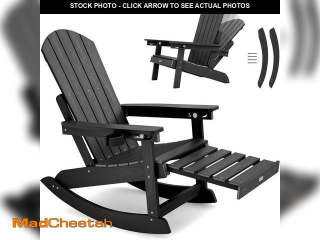 Lot 74-14246168 - Mximu Black Plastic Adirondack Outdoor Rocking Chair with Retractable Ottoman and Cup Holders - UNUS...