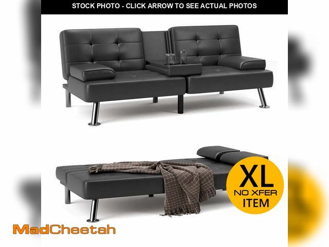 Lot 74-13776453 - (MISSING HARDWARE) Furmax Futon Sofa Bed Convertible Folding Faux Leather Couch with 2 Cup Holders,B...