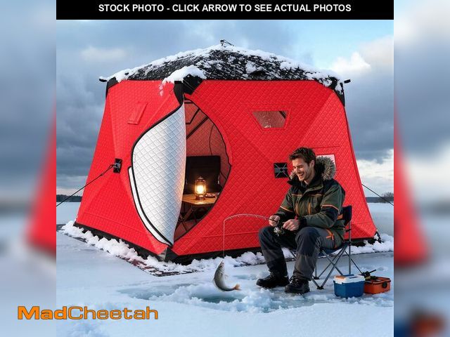 Lot 74-13382284 - DWVO Upgraded Ice Fishing Tent - 6 Person Pop-Up Shelter Portable Insulated Shanty with 2 Doors, 4 D...