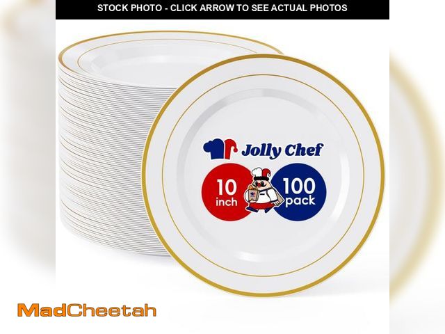 Lot 74-12308480 - JOLLY CHEF 100 Pieces Gold Plastic Plates, 10 Inch Disposable Dinner White with Gold Rim, Heavy Duty...