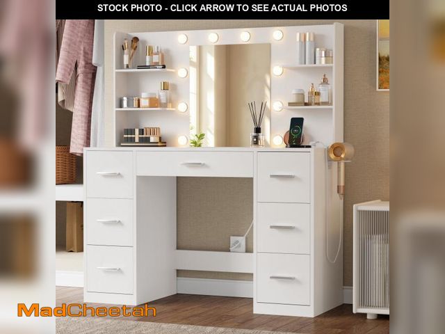 Lot 74-12072464 - Lacoo Vanity Desk with Mirror and LED Lights, Makeup Vanity with 7 Drawers &amp; 4 Shelves, Vanity T...