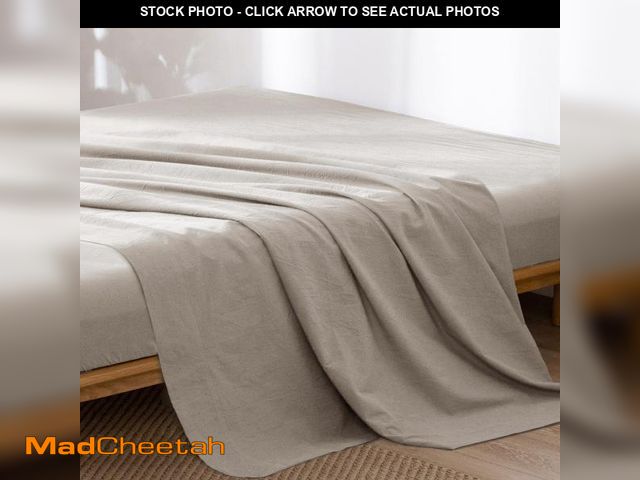 Lot 74-12050942 - MooMee Flat Top Sheet Only 100% Washed Cotton Linen Like Textured Breathable Durable Soft Comfy (Cre...