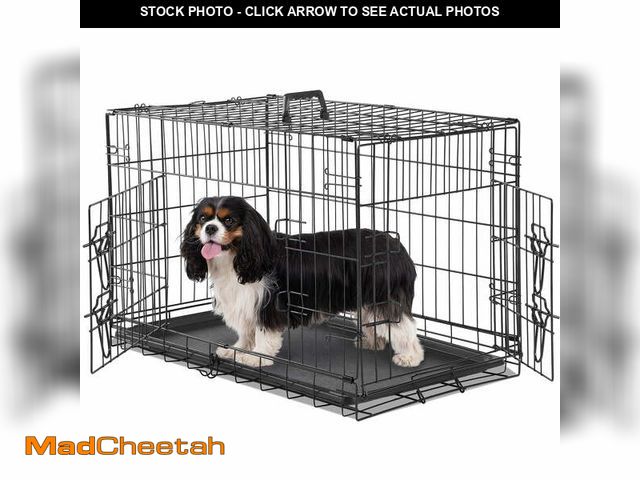 Lot 74-12667282 - EDX Medium Dog Crate with Divider Panel, 30 Inch Double Door Folding Metal Wire Dog Cage with Plasti...