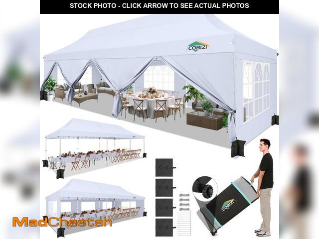Lot 74-12394135 - COBIZI 10x30 Pop Up Canopy with 8 Removable Sidewalls, Outdoor Party Tent with Roller Bag &amp; Sand...