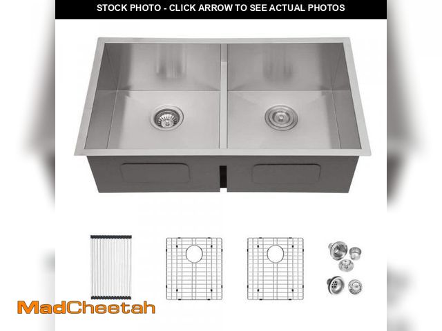 Lot 74-12256563 - Magic Home 16-Gauge Stainless Steel 28 in. Low Divide Double Bowl 50/50 Ledge Workstation Undermount...