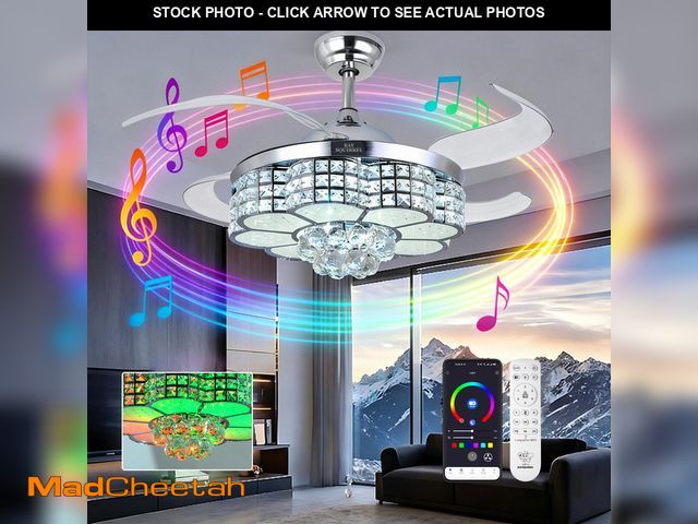 Lot 74-14259412 - BAYSQUIRREL Retractable Crystal Ceiling Fan with RGB LED Light, Bluetooth Speaker, Remote/APP Contro...