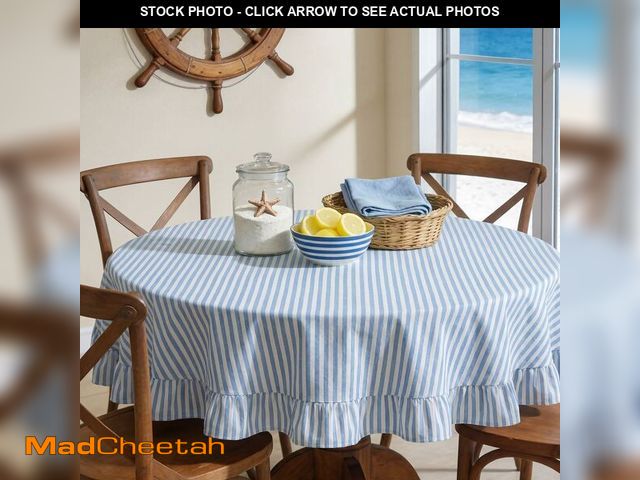 Lot 74-13949892 - Frienda 60 Inch Blue Stripe Ruffle Table Cloth Farmhouse Round Cotton Linen Scalloped Table Cloth Co...