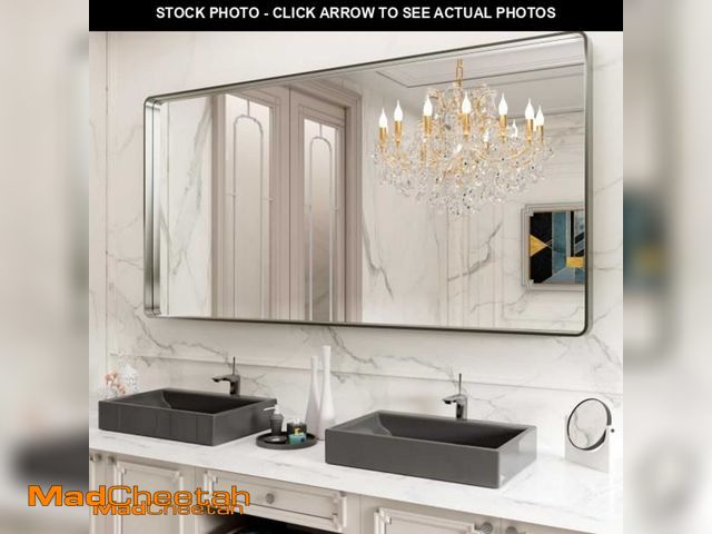 Lot 74-12069553 - LOAAO 72X36 Inch Brushed Nickel Bathroom Mirror, Rounded Rectangle Silver Metal Frame Mirror, Brushe...