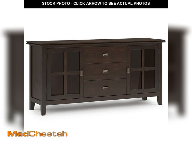Lot 74-12615374 - SIMPLIHOME Artisan Buffet - 60 inch Wide Solid Wood 3-Door Sideboard Buffet in Dark Chestnut Brown, ...