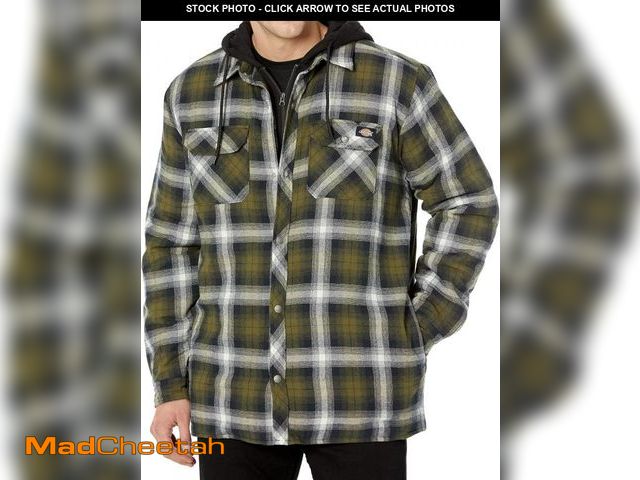 Lot 74-12397827 - Dickies Fleece Hooded Flannel Shirt Jacket with Hydroshield, BLACK/DARK OLIVE/ANTIQUE WHITE OMBRE, 4...