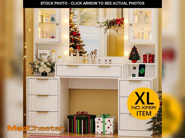 Lot 74-13764954 - Ktaxon Large Makeup Vanity with 7 Drawers, Flutted Vanity Table Set with Lighted Mirror, Get Ready w...